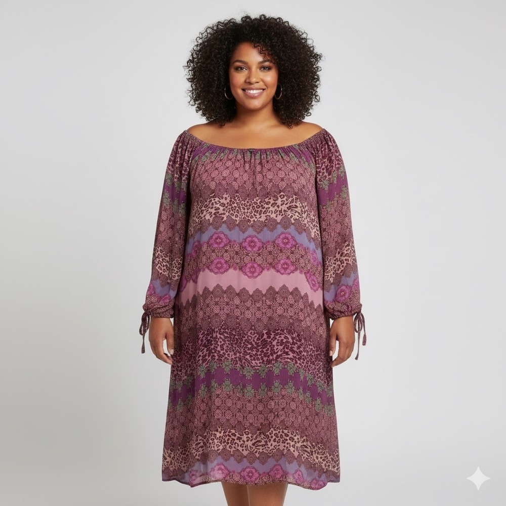 Millenium Shift Dress Women Plaus 3X Pink Floral Animal Print 3/4 Sleeves Knee